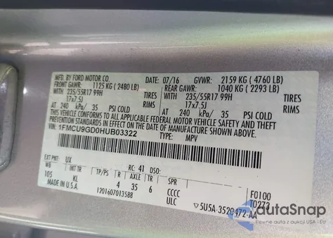 2017 Ford Escape Se из США, поврежденный, VIN 1FMCU9GD0HUB03322